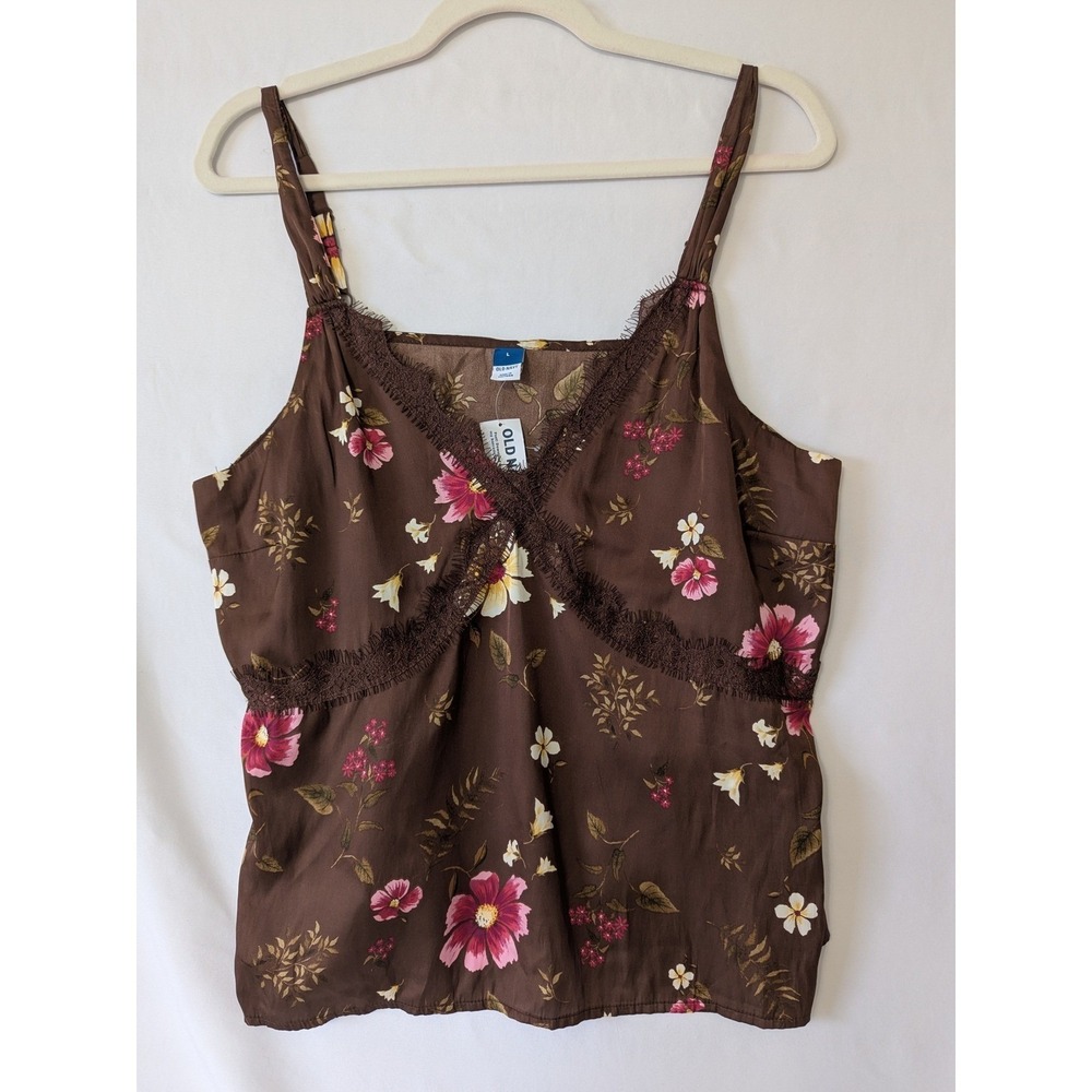 Old Navy Brown Pink Flora Babydoll Lace Trim Cami Tank Top Women's Size L